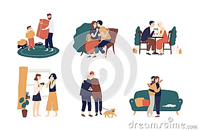 Collection of cute people giving holiday gifts or presents to each other. Bundle of scenes with adorable happy men and Vector Illustration