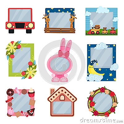 Collection of cute photo frames for boys and girls, album templates for kids with space for photo or text, card, picture Vector Illustration