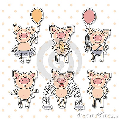 Collection of cute piglet sticker in cartoon style Vector Illustration