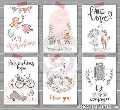 Collection of cute romantic ready design cards. Valentine day, e Vector Illustration