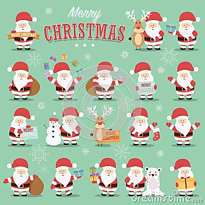 Collection of cute Santa Claus characters with reindeer, bear, snowman and gifts Vector Illustration