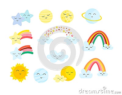 Collection of cute sky stickers - rainbow, stars and sun, planets, clouds. Cheerful childrens kawaii style. Vector Illustration