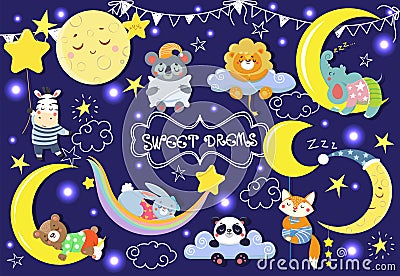 Collection with cute sleeping animals. Moons and stars. Vector Illustration