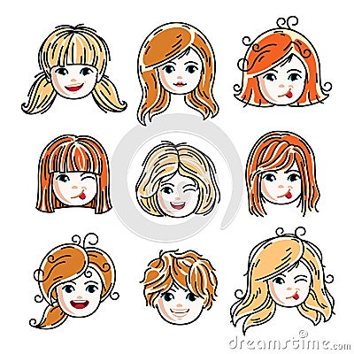 Collection of cute smiling girls faces expressing positive emotions, vector human head illustrations. Set of red-haired and blond Vector Illustration