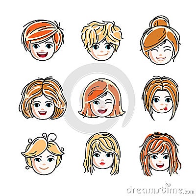 Collection of cute smiling girls faces expressing positive emotions, vector human head illustrations. Set of red-haired and blond Vector Illustration