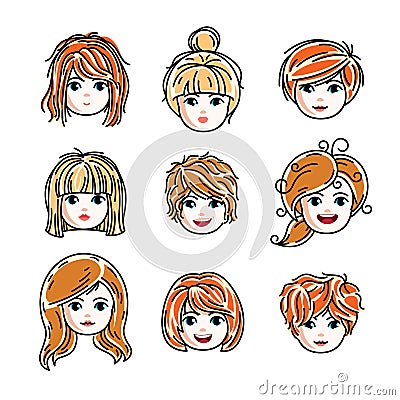 Collection of cute smiling girls faces expressing positive emotions, vector human head illustrations. Set of red-haired and blond Vector Illustration