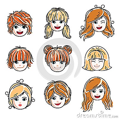 Collection of cute smiling girls faces expressing positive emotions, vector human head illustrations. Set of red-haired and blond Vector Illustration