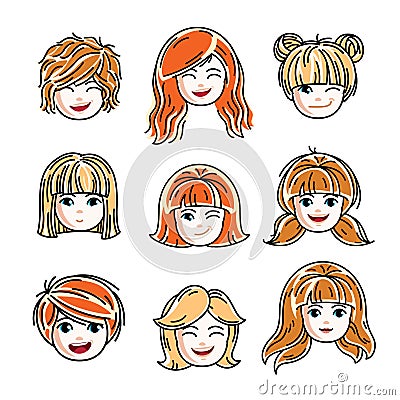 Collection of cute smiling girls faces expressing positive emotions, vector human head illustrations. Set of red-haired and blond Vector Illustration