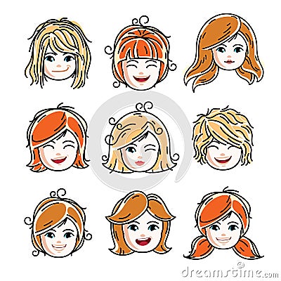 Collection of cute smiling girls faces expressing positive emotions, vector human head illustrations. Set of red-haired and blond Vector Illustration