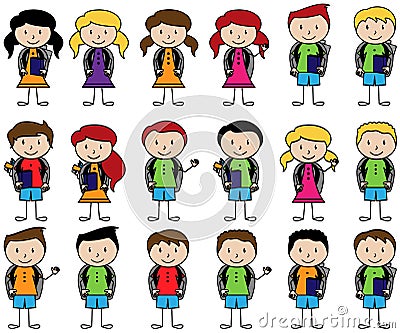 Collection of Cute Stick Figure Students in Vector Format Vector Illustration