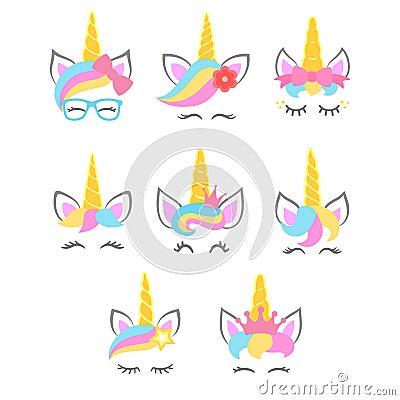 Collection of cute unicorn faces. Unicorn heads. Vector Vector Illustration