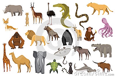 Collection of cute vector animals. Hand drawn animals which are common in Africa. Icon set isolated on a white Vector Illustration