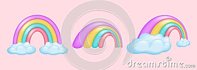 Collection of 3D cartoon rainbows in vibrant color Vector Illustration