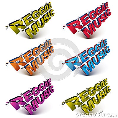 Collection of 3d reggae music word broken into pieces, demolished vector design elements. Shattered art stylish inscription in di Vector Illustration