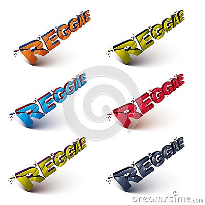 Collection of 3d shattered vector reggae word created with refractions. Dimensional inscription with specks isolated on white Vector Illustration
