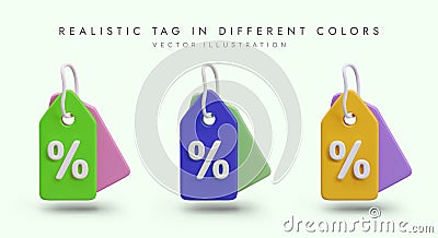Collection of 3D tags with percent sign. Pictures of different colors in cartoon style Vector Illustration