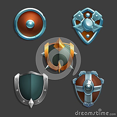 Collection of decoration armor for games. Set of medieval cartoon shields. Vector Illustration