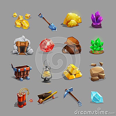 Collection of decoration icons for mining strategy game. Set of cartoon picking tools, stones, crystals, ores and gems. Vector Illustration