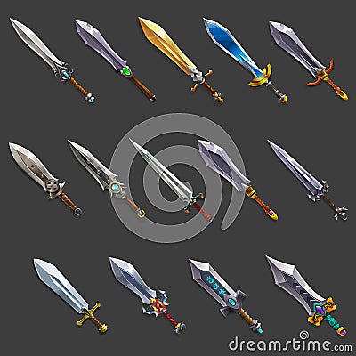 Collection of decoration weapon for games. Set of medieval cartoon swords. Vector Illustration