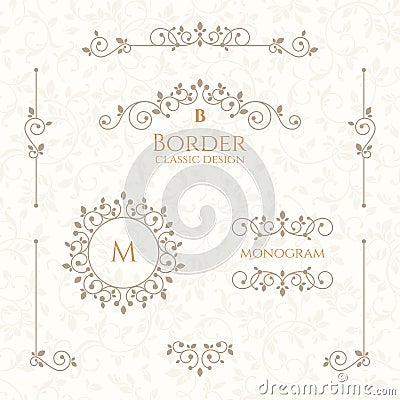 Collection of decorative elements. Borders, monograms and seamless pattern. Vector Illustration