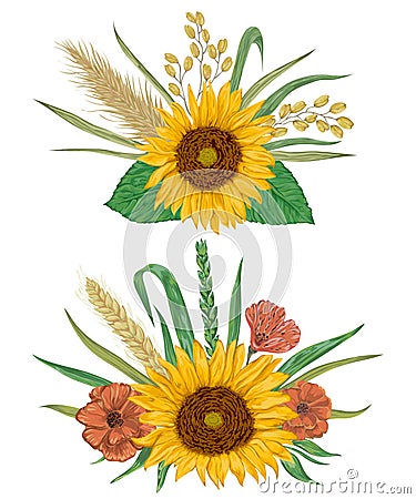 Collection decorative floral design elements. Sunflower, barley, wheat, rye, rice, poppy Vector Illustration