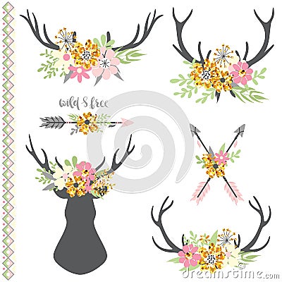 Collection of deer horns with flowers Vector Illustration