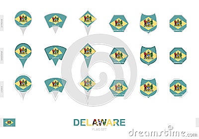 Collection of the Delaware flag in different shapes and with three different effects Vector Illustration