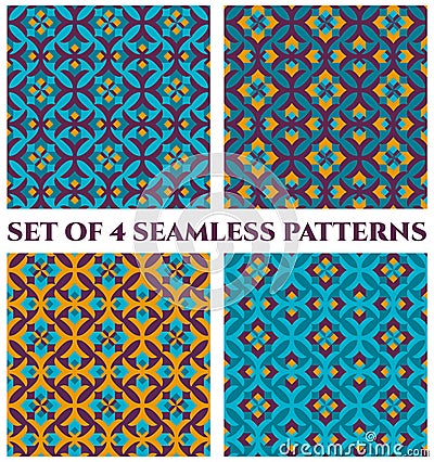 Collection of 4 delicate damask decorative seamless patterns with geometric ornament of blue, teal, orange and violet shades Vector Illustration