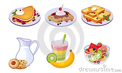 Collection of Delicious Breakfast Meal, Healthy Food and Drinks Different Sets Vector Illustration Vector Illustration