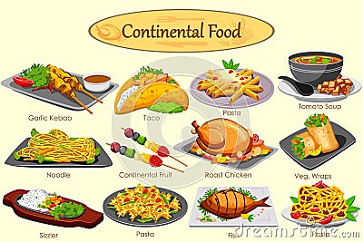 Collection of delicious Continental food Vector Illustration