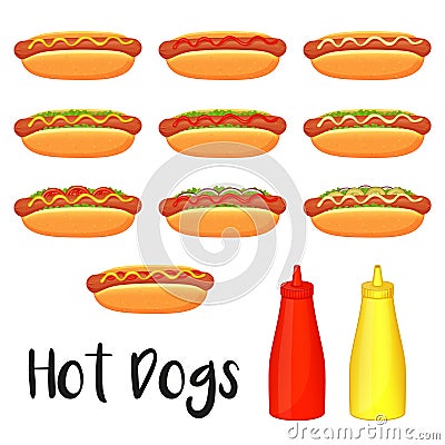 Collection of delicious hot dogs, mustard and ketchup on white background. Vector Illustration