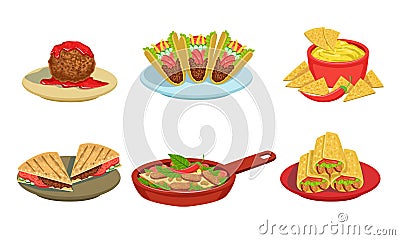 Collection of Delicious Mexican Cuisine Food Dishes, Burrito, Tacos, Nachos, Braised Beans, Meatball Vector Illustration Vector Illustration