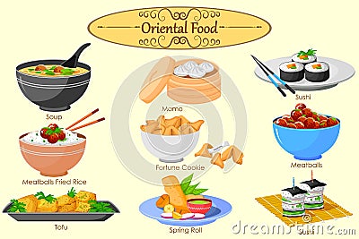 Collection of delicious Oriental food Vector Illustration