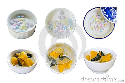 Collection of Thai dessert. Color full dumplings in coconut cream, Coconut Milk Stewed Pumpkin bowl isolated on white background. Stock Photo