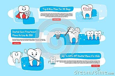Collection dental care treatment plans landing page vector flat illustration place for text Vector Illustration