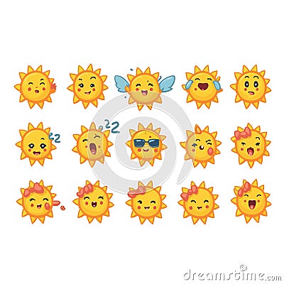 Collection of difference emoticon icon of cute sun cartoon on white background vector illustration Cartoon Illustration