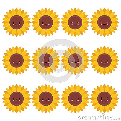 Collection of difference emoticon icon of cute sunflower on the white background vector illustration Cartoon Illustration