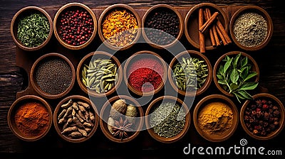 Collection of different aromatic spices and herbs in a wooden plates on dark background, view from above. Generative AI Stock Photo