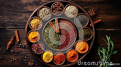 Collection of different aromatic spices and herbs in a wooden plates on dark background, view from above. Generative AI Stock Photo