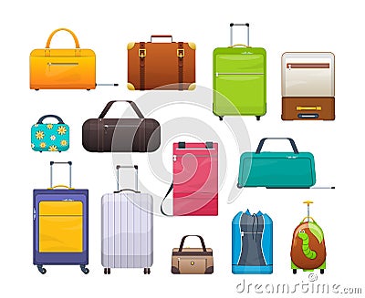 Collection different bags, suitcases, luggage. Plastic, metal, leather suitcases, bags. Vector Illustration