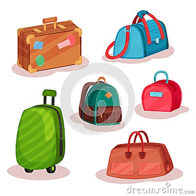 Flat vector set of different bags. Women handbags, retro case with stickers, urban backpack, large suitcase on wheels Vector Illustration