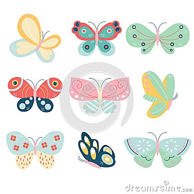 A collection of different butterflies in pastel colors Vector Illustration