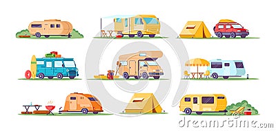 Collection different camping caravan transportation vector flat illustration. Travel car with tent Vector Illustration