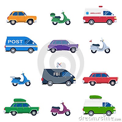 Collection of different cars like ambulance and post minivan Vector Illustration