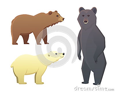 Collection with different cartoon bears isolated on white background. Vector broun and black american bear. Set Wildlife Vector Illustration