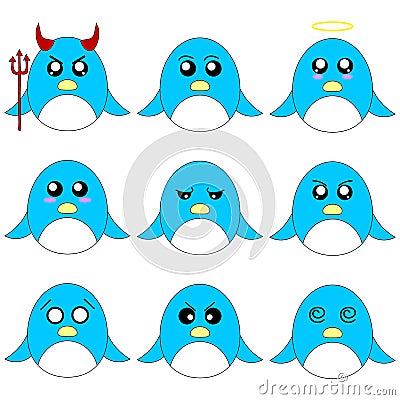 Collection of Different Cartoon Penguins isolated on white background. Different Emotions, Expressions. Anime Style. Vector. Vector Illustration