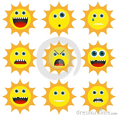 Collection of 9 different emoticons in sun shape Vector Illustration