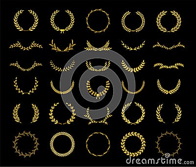 Collection of different golden silhouette laurel foliate, wheat and olive wreaths depicting an award, achievement, heraldry, Vector Illustration