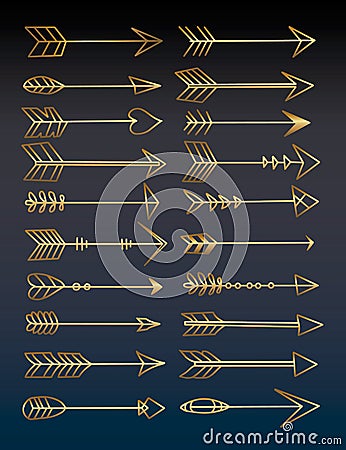 Collection of different golden vector arrows drawings Stock Photo