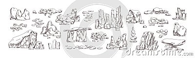 Collection of different hand drawn stones and geological rocks vector illustration in monochrome detailed style. Set of Vector Illustration